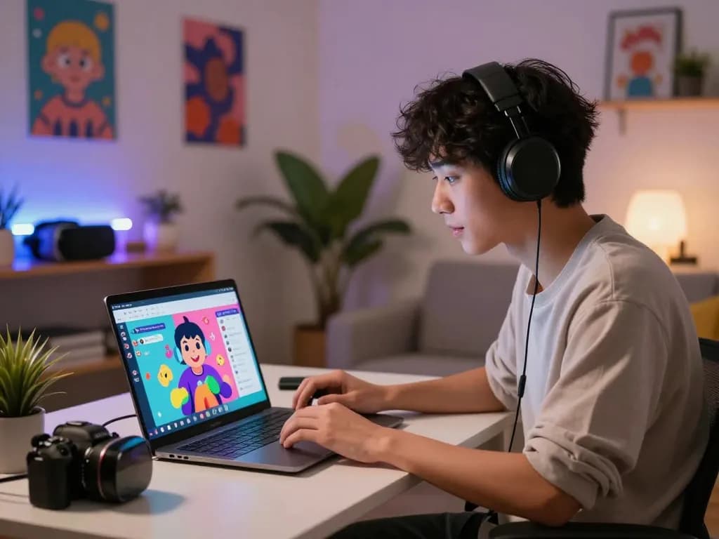 Engaging ai porn chat scene with a young adult interacting with a lively AI character in a cozy home environment.