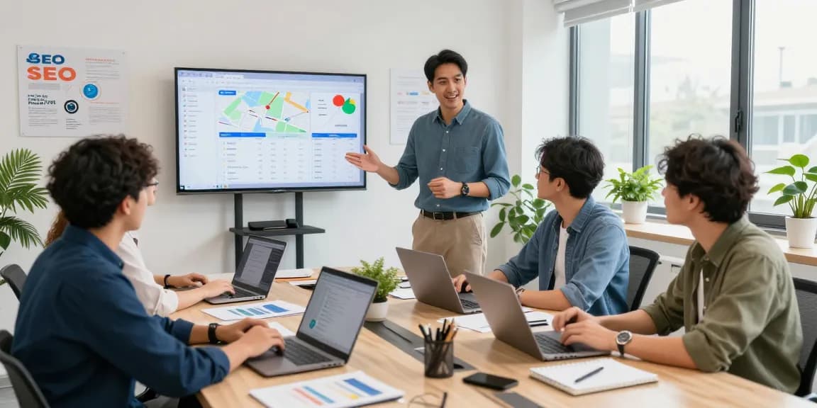 Servicios SEO locales: expertos en marketing digital analizando estrategias en oficina moderna.