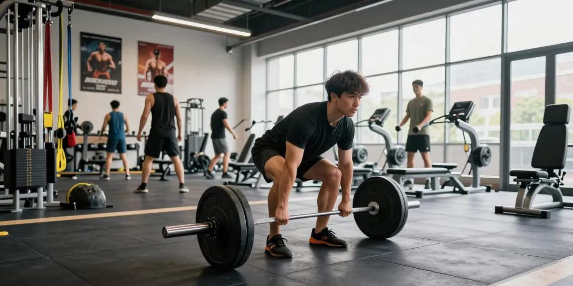 Entrenador levantando pesas en Esteroidesshop, gimnasio moderno con ambiente motivador.