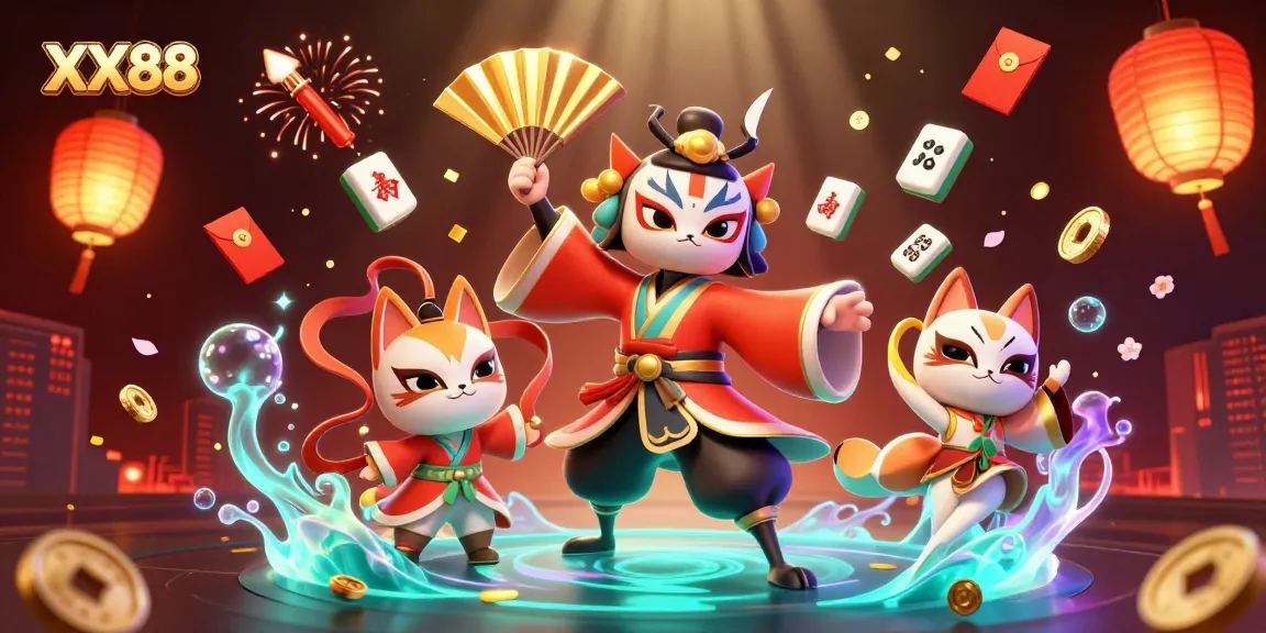 Experience the excitement of XX88 with dynamic 3D characters surrounded by colorful casino elements in a vibrant setting.