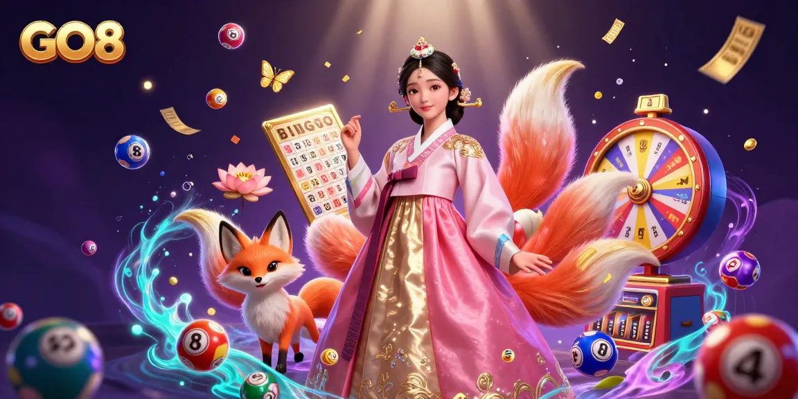 Engage in thrilling gaming at GO8 with vibrant lottery balls, a lucky fox, and an Asian goddess.