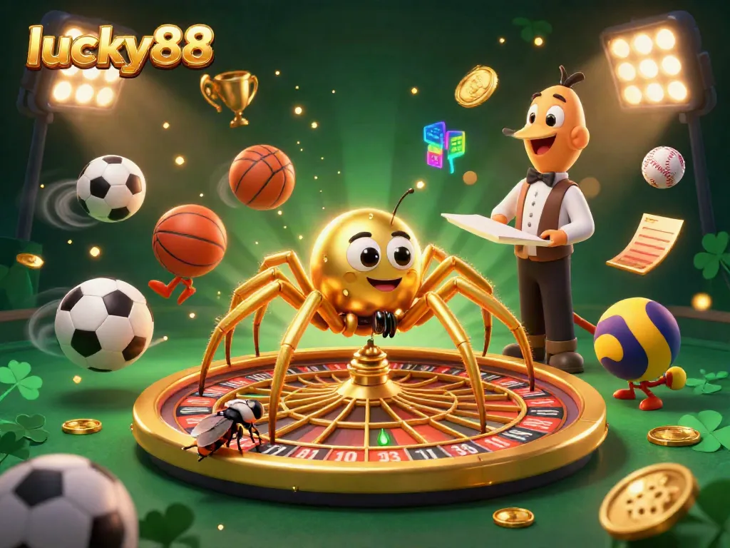 Experience thrilling bets at lucky88 with a golden spider and centipede croupier in a dynamic casino scene.