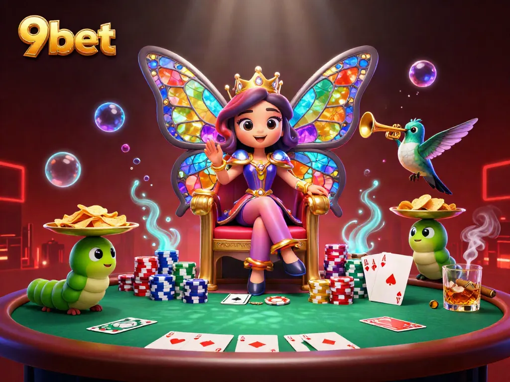 Experience 9bet's vibrant online gaming scene with a butterfly queen, poker elements, and dazzling visuals.