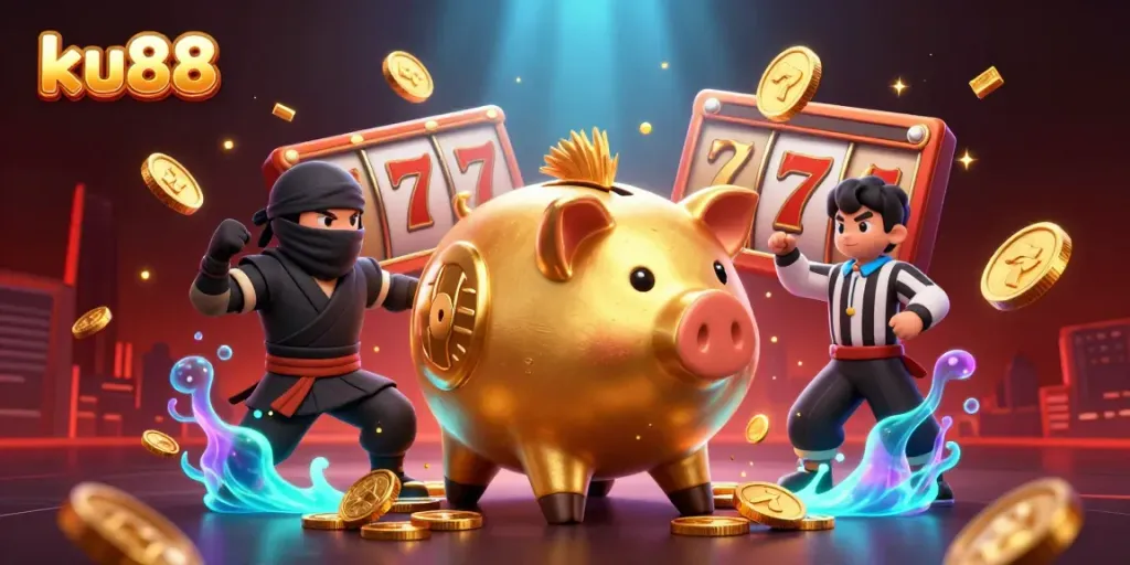 Engage with ku88's massive golden piggy bank sumo wrestler amid dynamic gambling visuals showcasing slot reels and sparkling coins.