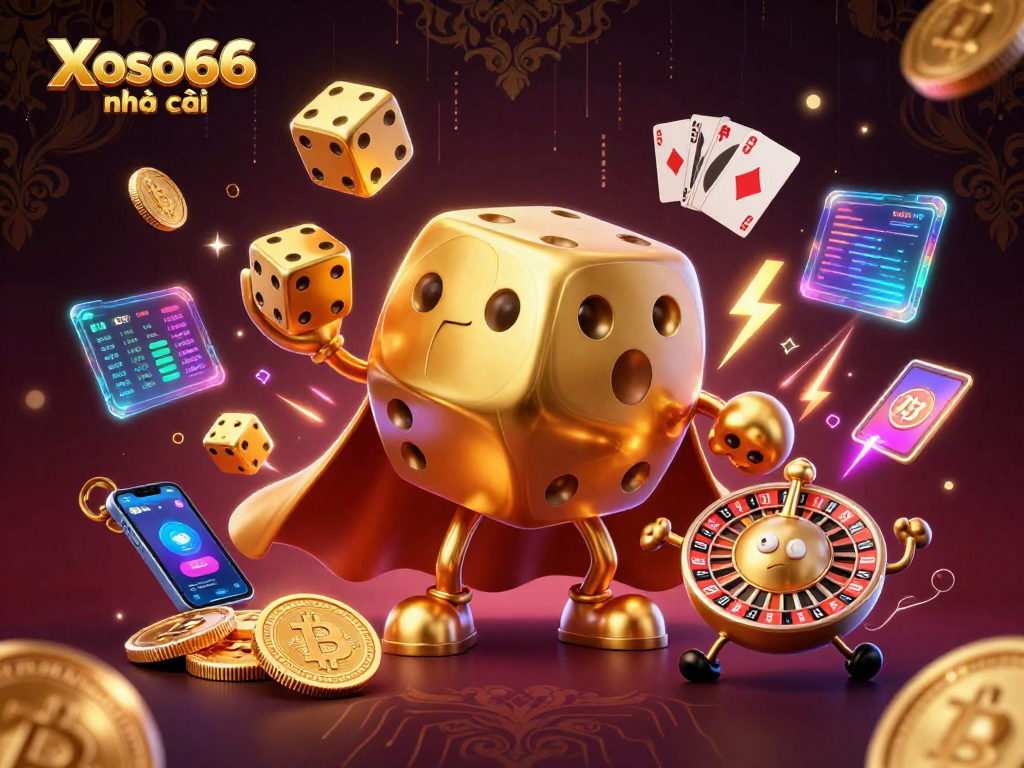 Engage with Xoso66 nhà cái in a vibrant 3D casino illustration featuring golden dice and crypto elements.