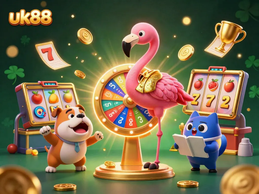 Engage with uk88's exciting slot games in a vibrant casino scene featuring colorful jackpot symbols and dynamic characters.
