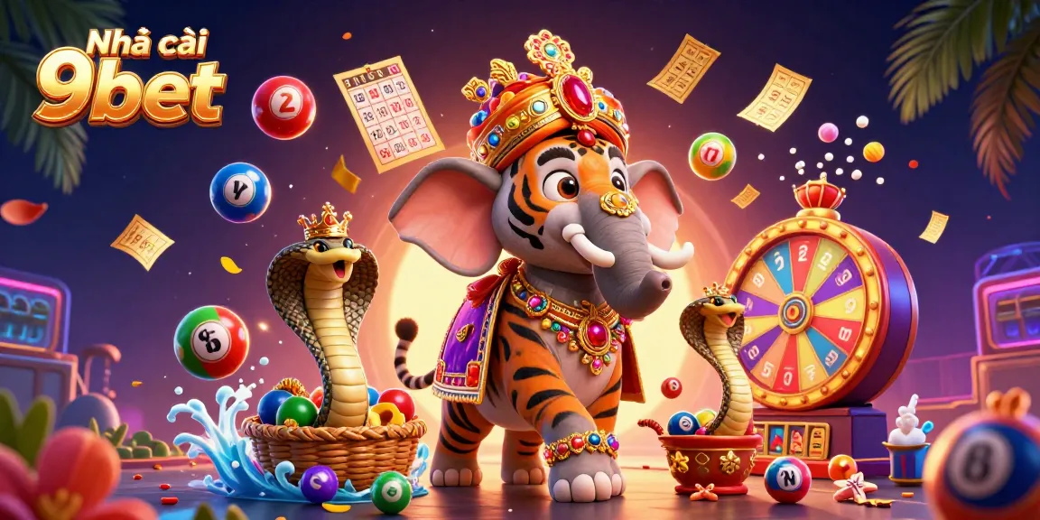 Engage with Nhà cái 9bet by exploring a vibrant 3D scene of casino elements and characters.