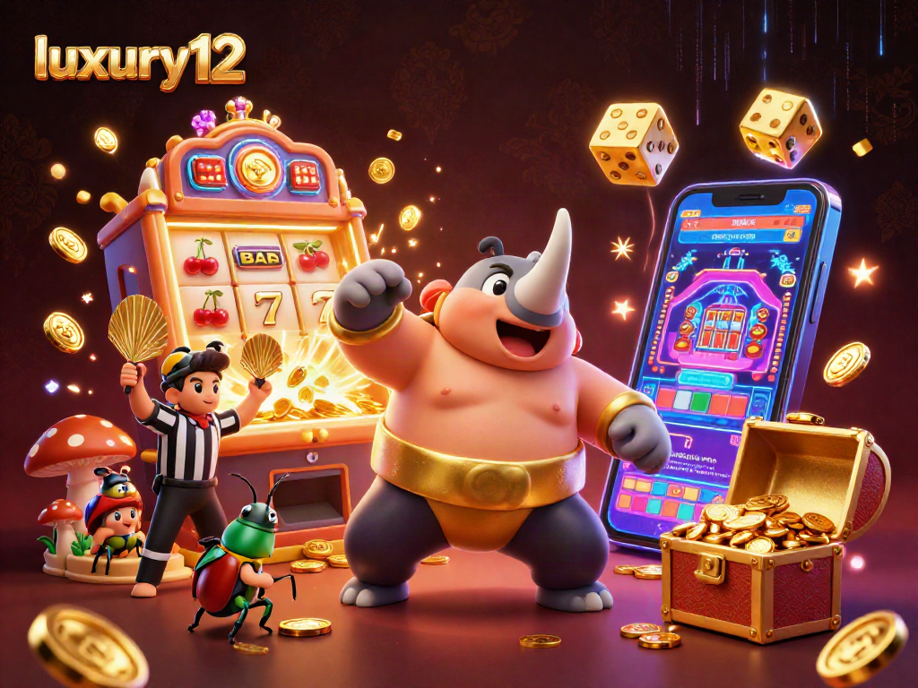 Experience luxury12 casino fun with vibrant 3D illustration of beetle characters and slot machines.