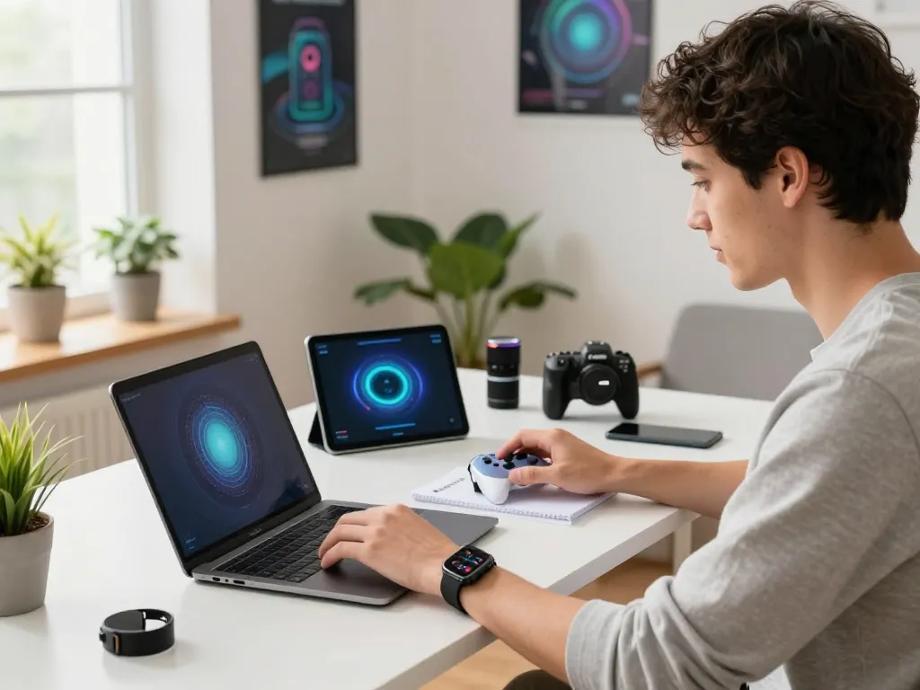 Exploring trending tech gadgets in a modern home office with a stylish decor.