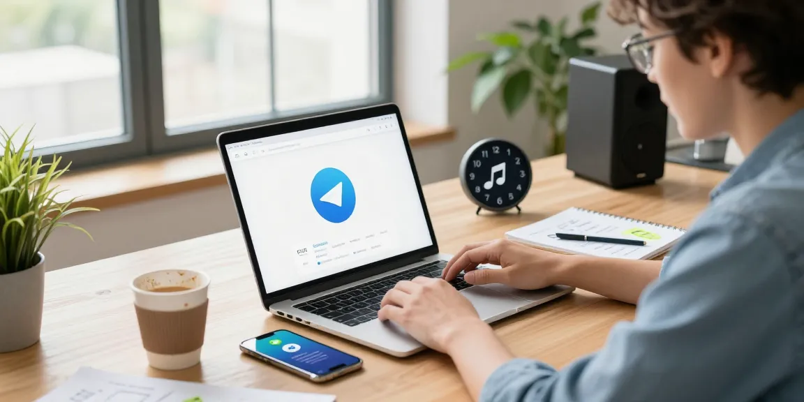 Accessing Telegram Web on a laptop in a modern co-working space.