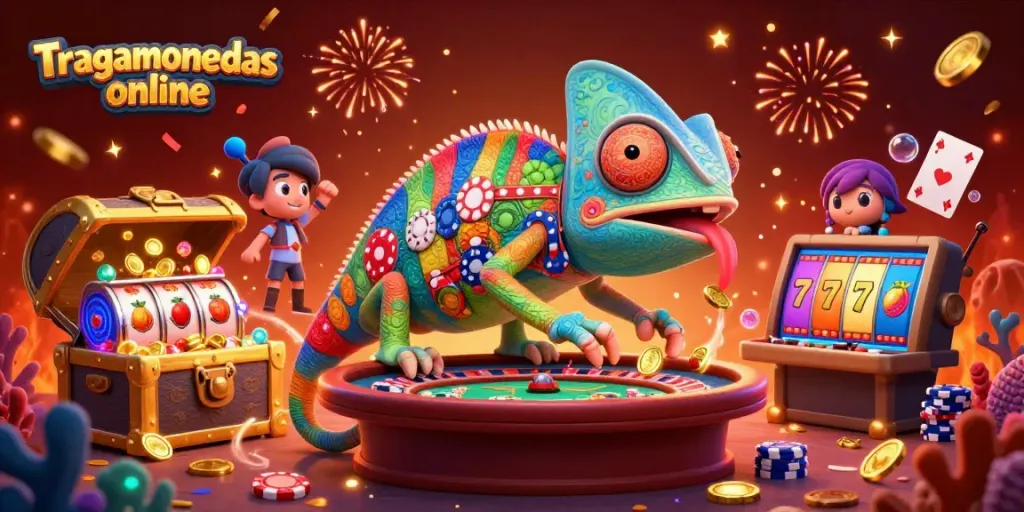 Disfruta tragamonedas online con diseños vibrantes y mecánicas emocionantes en esta ilustración 3D, llenándote de diversión.