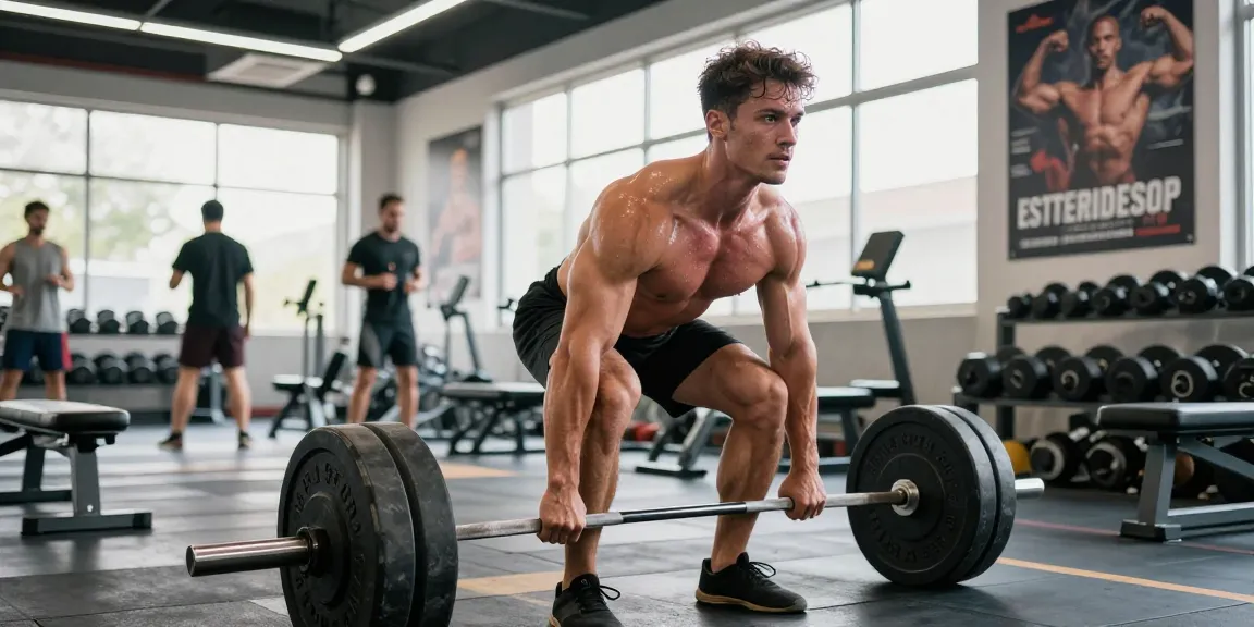 Un culturista entrenando intensamente en el gimnasio Esteroidesshop, mostrando determinación y fuerza durante el entrenamiento.