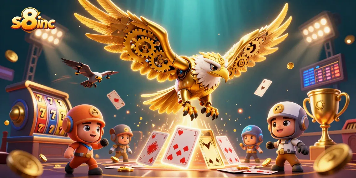 S8inc players dive into excitement with a golden eagle and vivid slot themes in this action-packed casino illustration.
