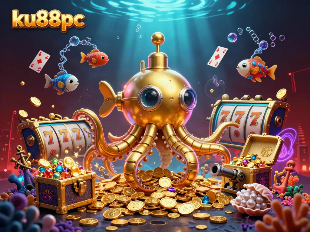 Engage with ku88pc in a vibrant underwater world of treasures, featuring a quirky golden kraken submarine.