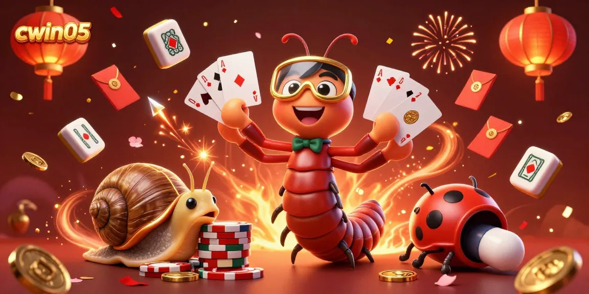 Cwin05 players enjoying vibrant casino games with a millipede dealer and snail high-roller action