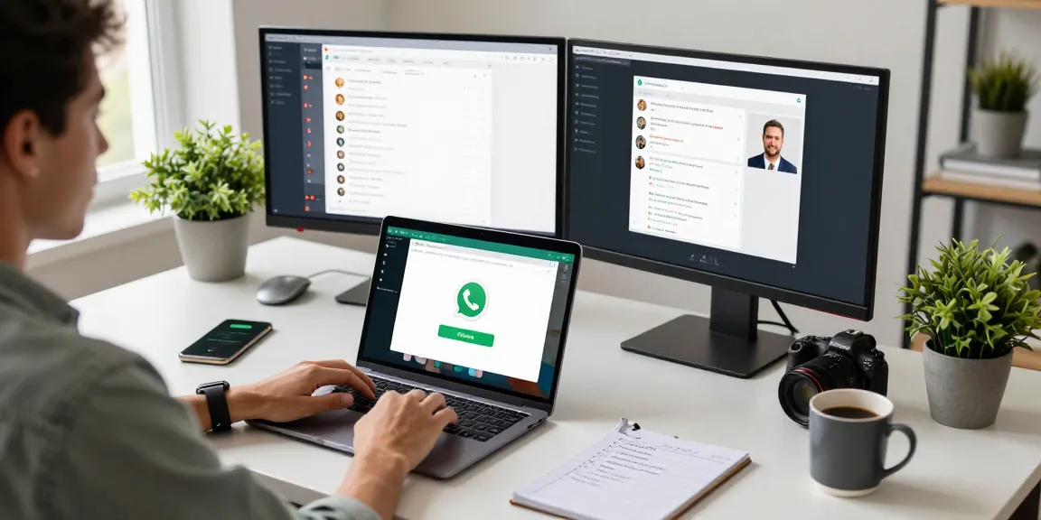 Using WhatsApp電腦版 on a modern home office setup with a laptop, monitors, and vibrant atmosphere.