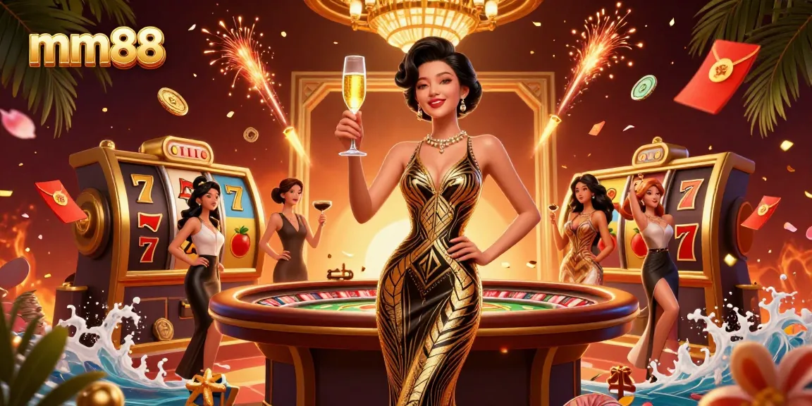 Experience thrills at mm88 with vibrant casino elements and a photorealistic elegant woman holding a champagne glass.
