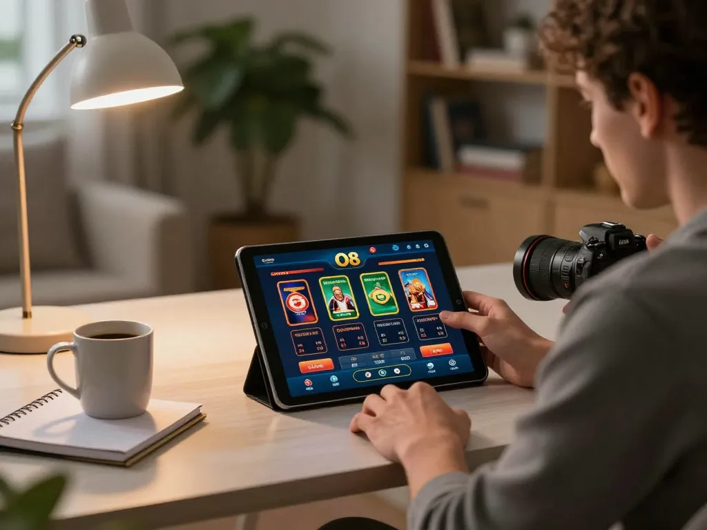 Player using the O8 casino app on a tablet in a cozy home setting, emphasizing responsible gambling.