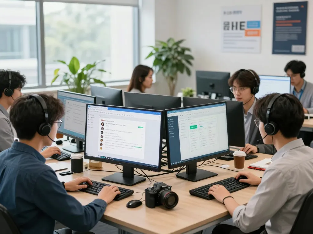 团队在现代办公室中使用易翻译下载来提高客户支持效率。