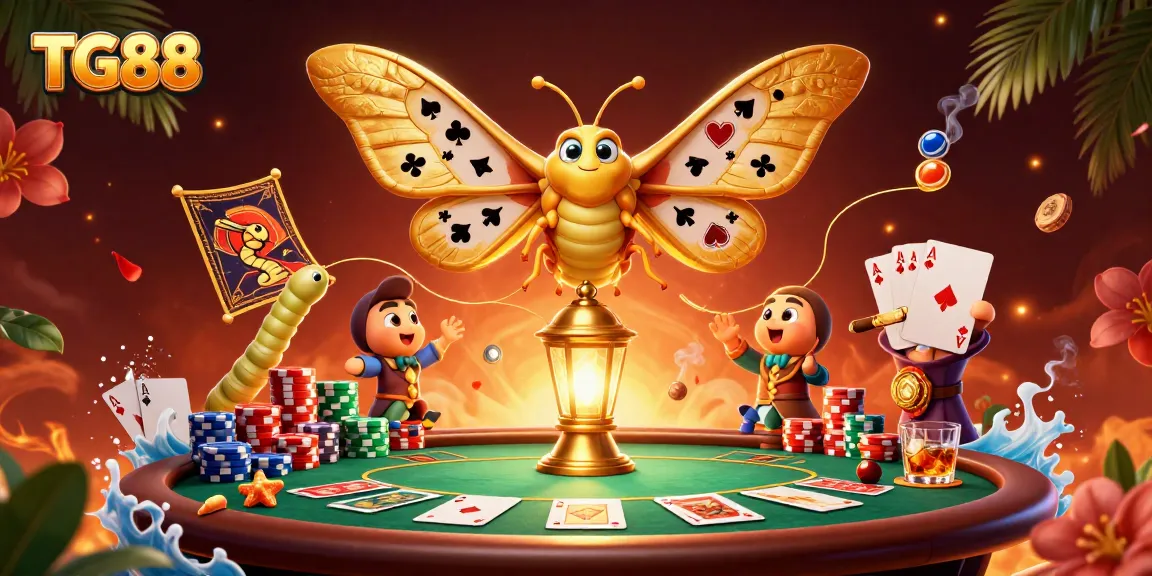 Engage with TG88's vibrant casino scene featuring an atlas moth and lavish poker elements.