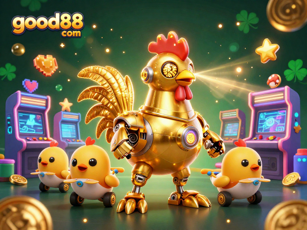 Engage in thrilling gameplay at good88 com featuring a golden rooster robot and exciting gaming elements.