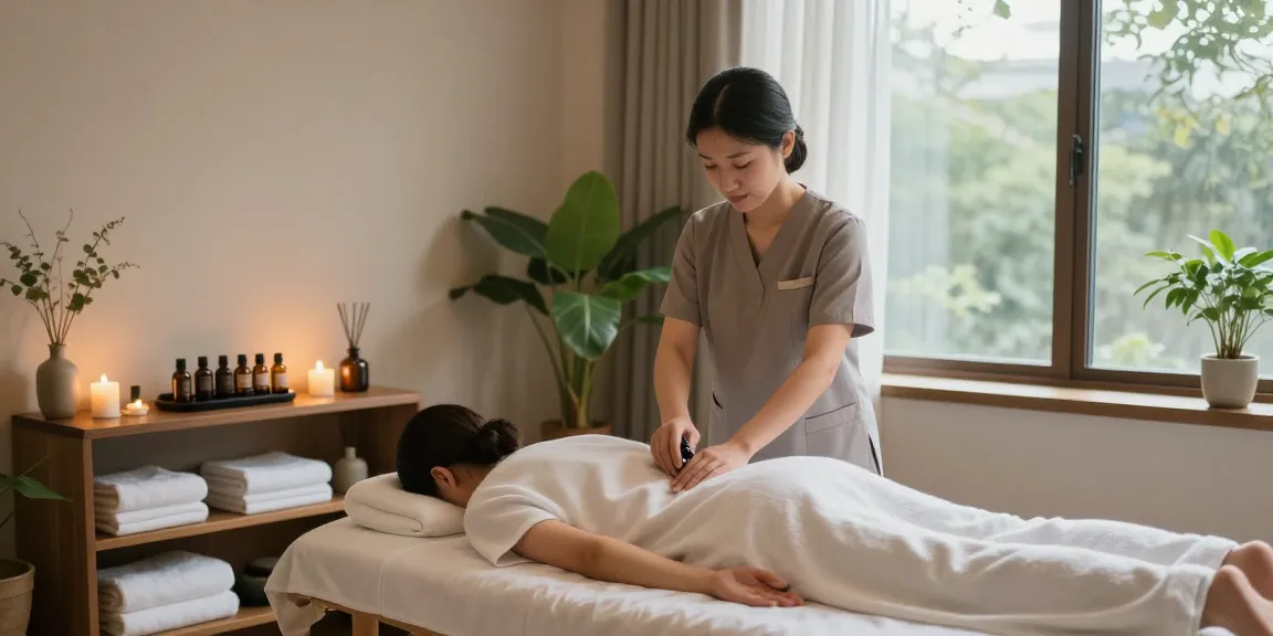 Therapist performing 광명출장마사지 in a tranquil therapy room with soft lighting.