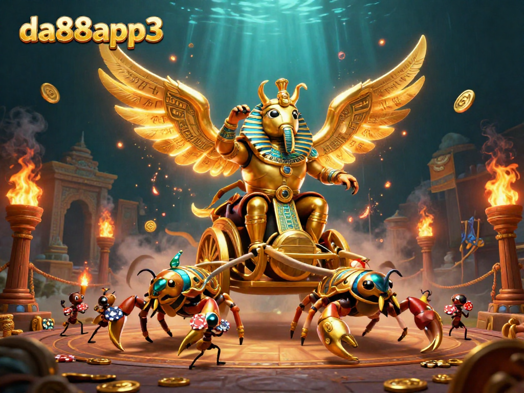 Experience the allure of da88app3 with a vibrant casino scene featuring a colossal scarab beetle amidst betting excitement.
