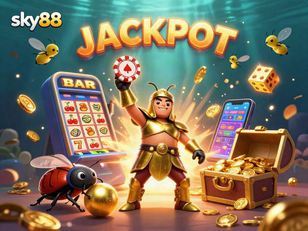 Celebrate winnings at sky88 with a joyful 3D beetle duo surrounded by dynamic casino elements.