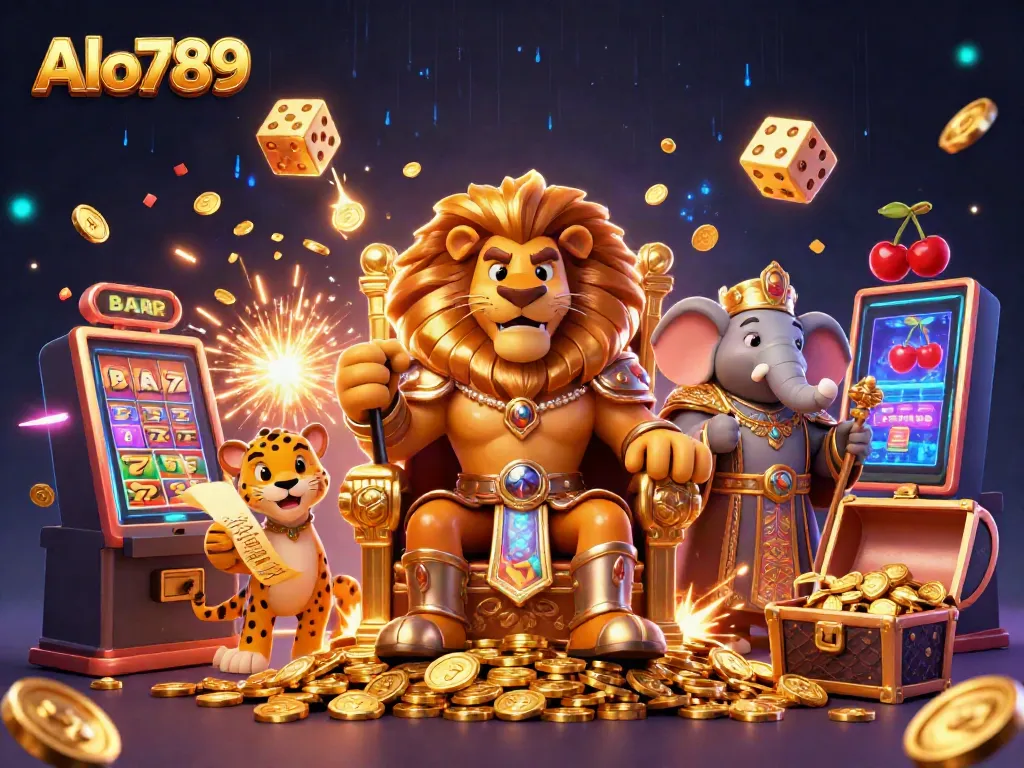 Alo789 lion king and advisors celebrate casino success with vibrant visuals and dynamic elements.