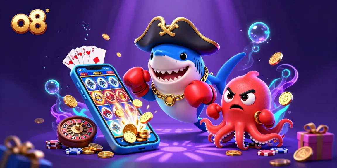 Play games at o8 with a pirate shark, pufferfish, and octopus, surrounded by exciting slots and poker.