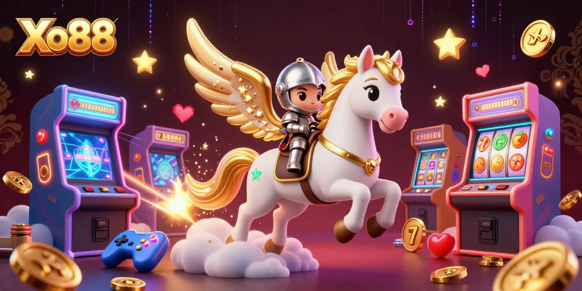 Xo88 game machines and a celestial horse create excitement in this vibrant casino-themed illustration.