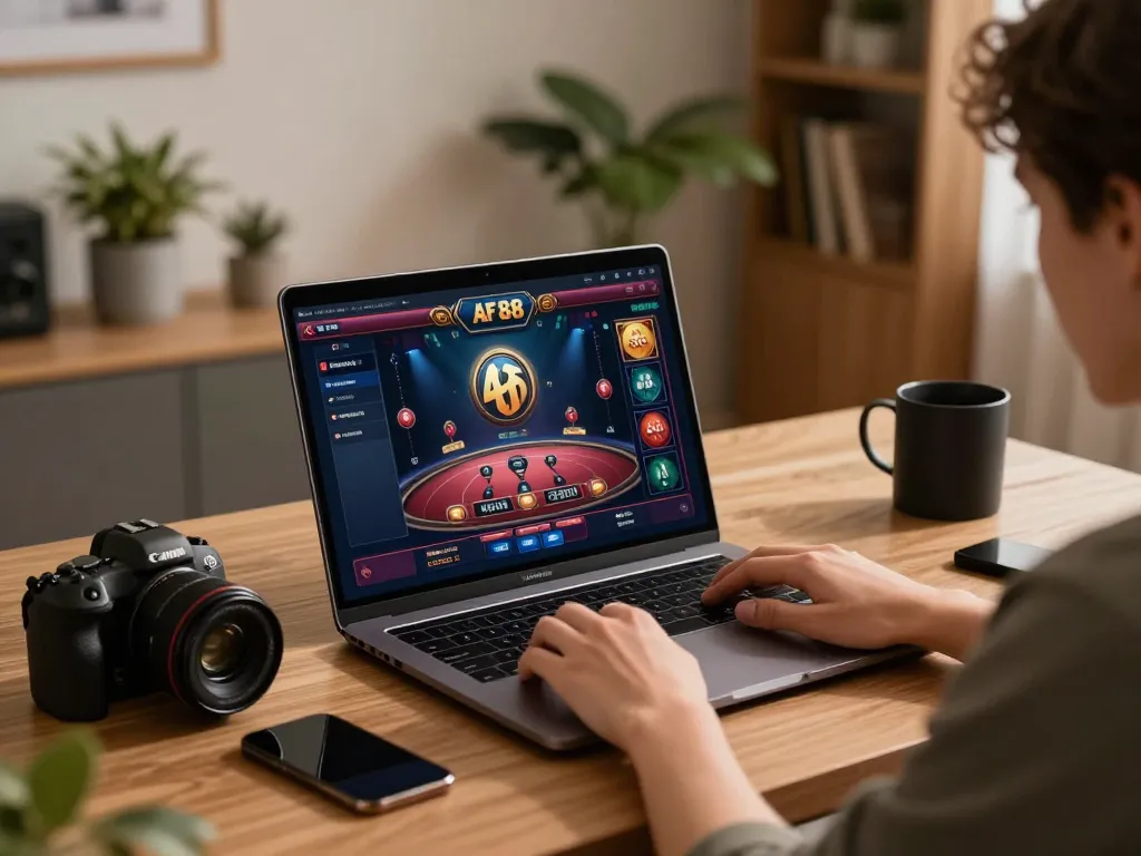 Engaging in AF 88 online gaming with a cozy laptop setup showcasing a strategic approach to casino entertainment.