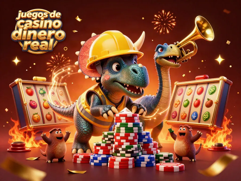 Explora juegos de casino dinero real en una vibrante ilustración 3D llena de acción y personajes animados.