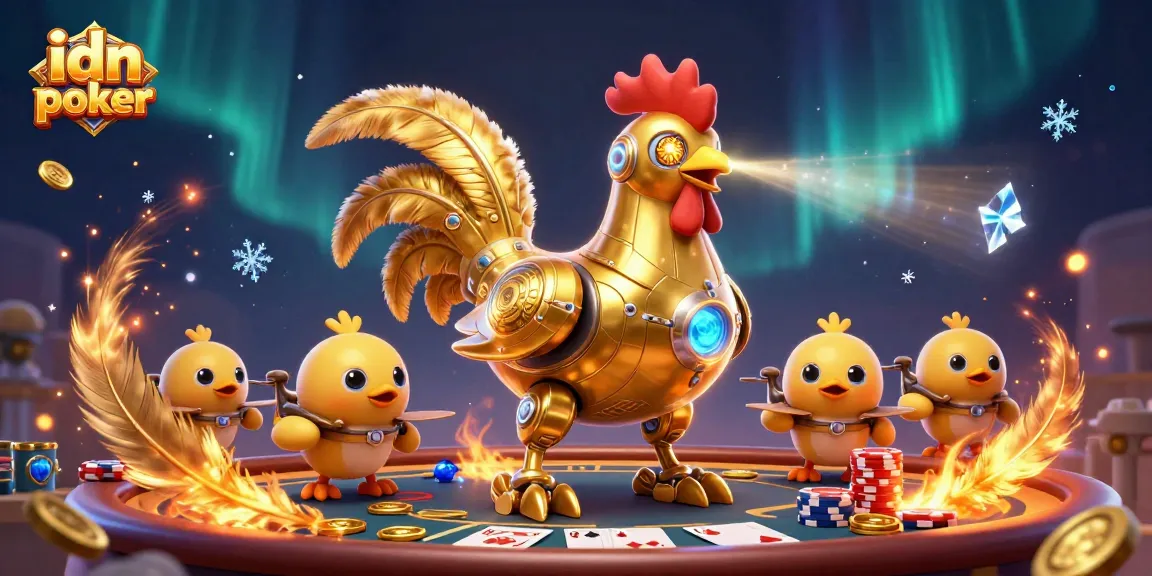Permainan idn poker dengan robot ayam emas dan drone berbulu dalam arena taruhan.