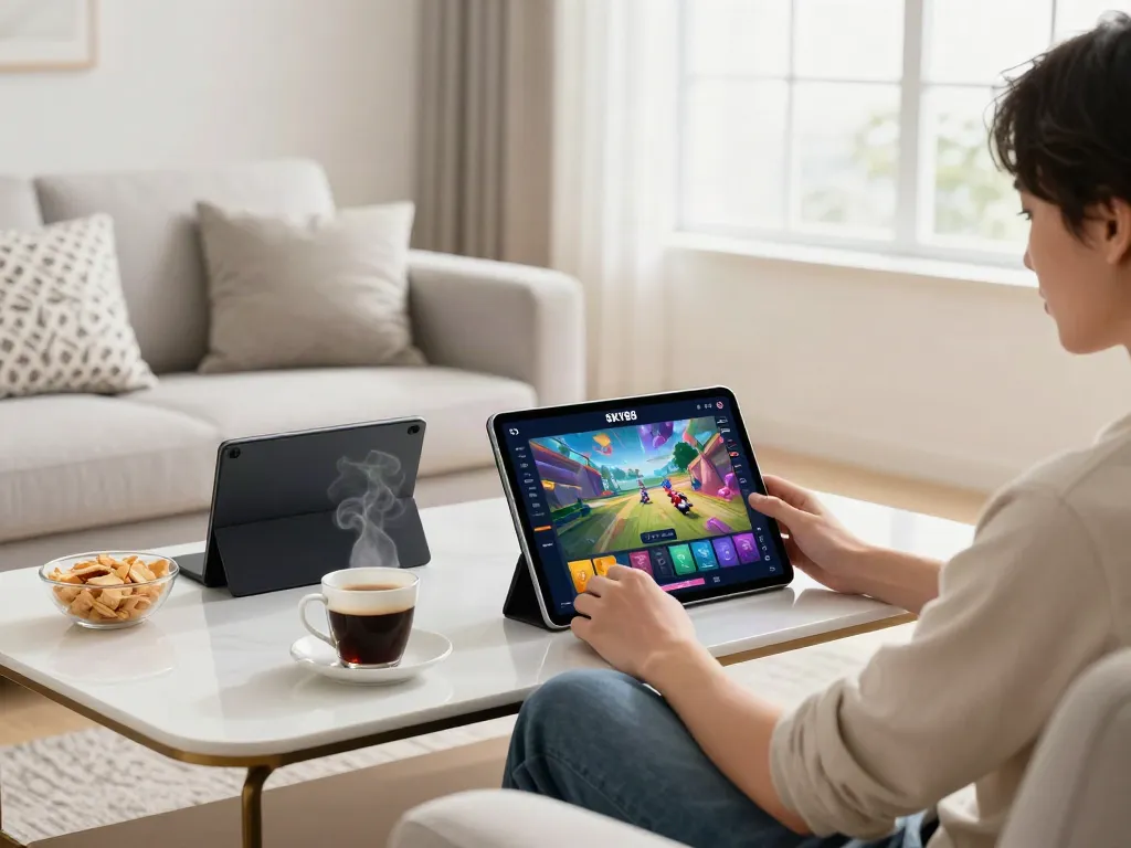 User enjoying SKY88 gaming on a tablet in a modern living room, surrounded by comfort.