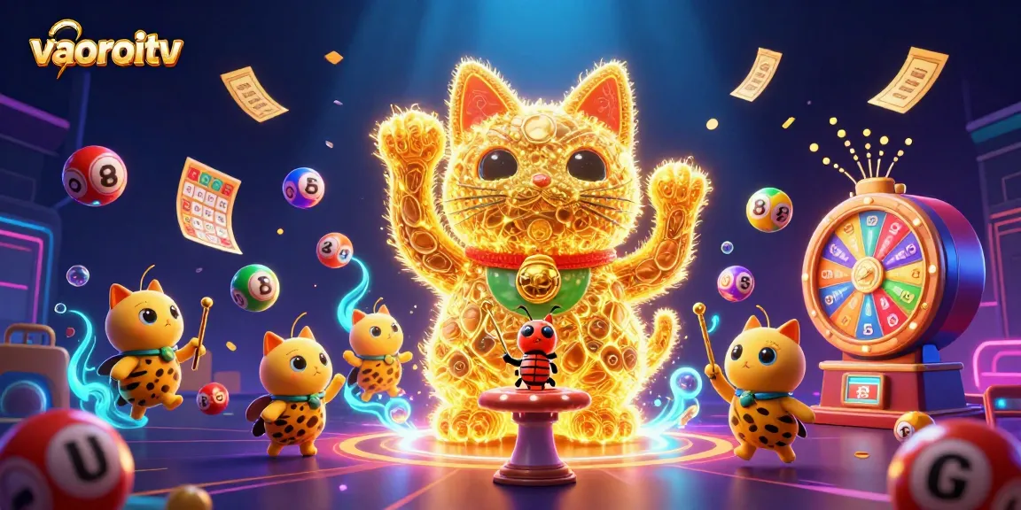 Experience winnings at vaoroitv with vibrant animation featuring a lucky cat and lottery dynamics.