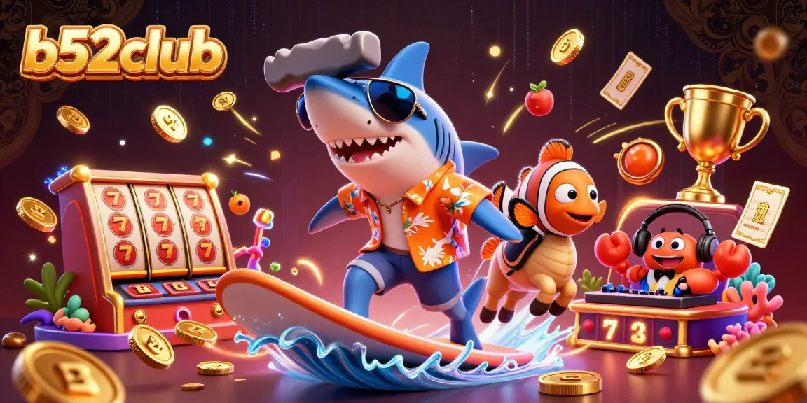Bets on b52club come alive with a playful underwater casino scene featuring vibrant characters and games.