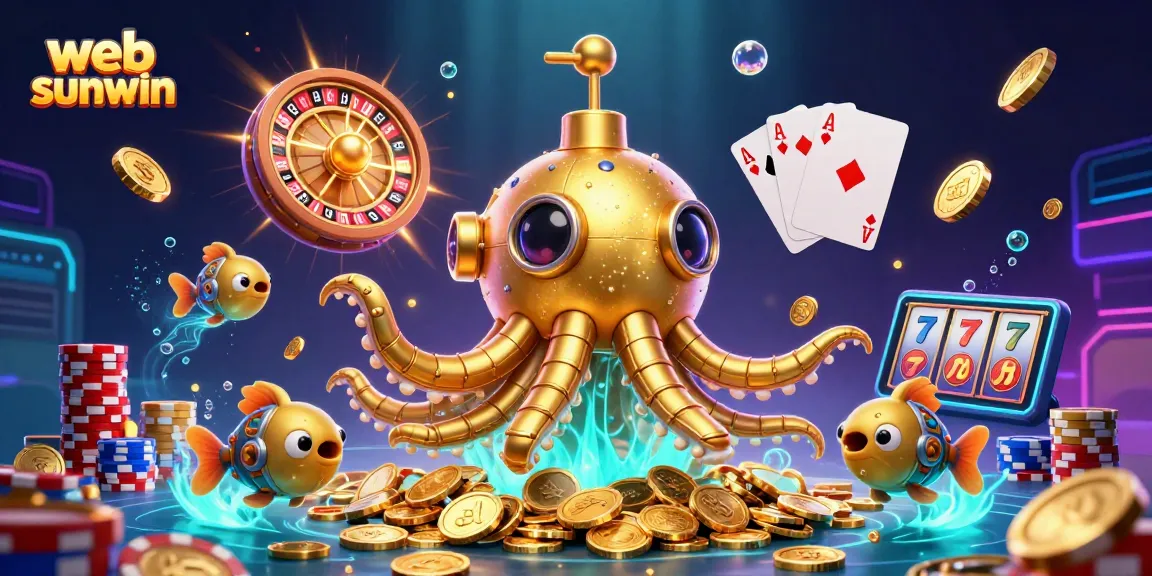 Engage with web sunwin through this vibrant casino illustration featuring a golden kraken and sparkling gems.