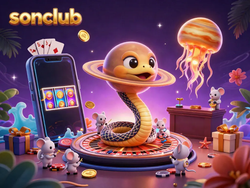 Engage in thrilling gameplay with sonclub's immersive 3D casino universe featuring vibrant animated characters and festive elements.