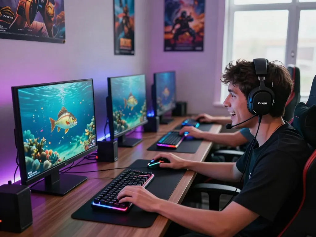 Engaged player at DU88 enjoying thrilling underwater fishing gameplay with dynamic visuals and gaming setup.