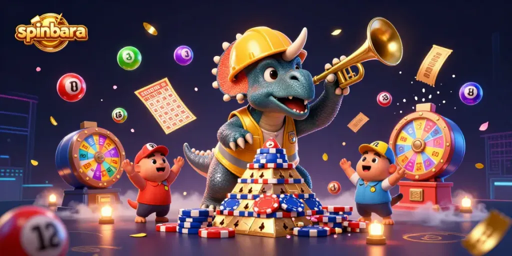 Spinbara casino illustration featuring a triceratops building poker chips, celebrating with lottery balls and banners.