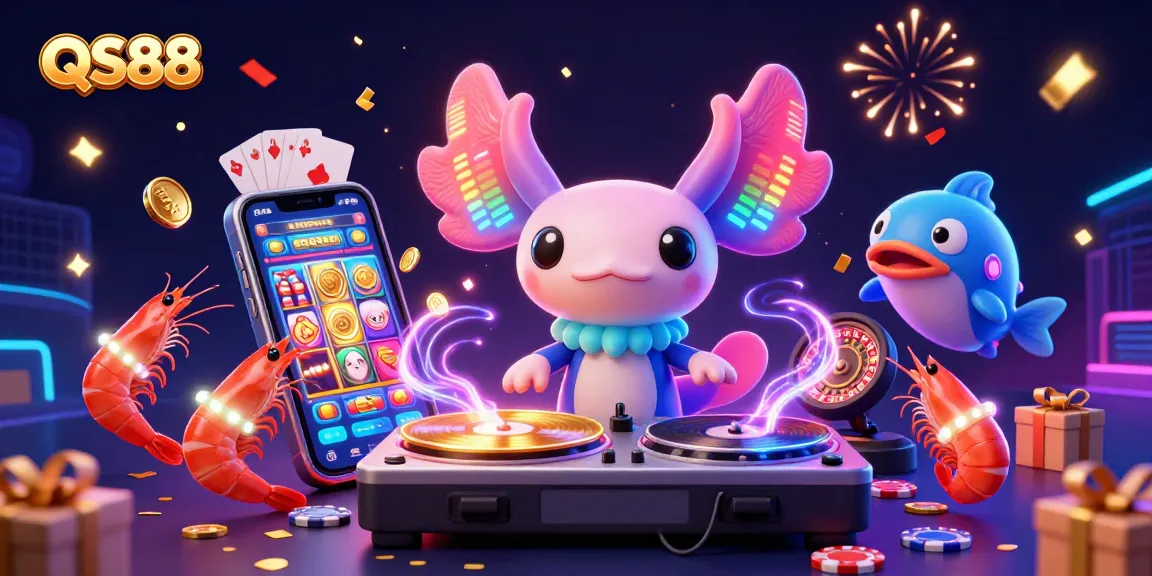 Engage with the exciting QS88 gaming scene featuring vibrant 3D characters and vibrant casino elements.