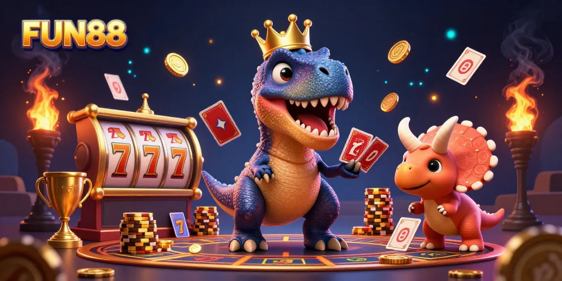 FUN88 casino game scene featuring T-Rex shuffling cards and triceratops stacking chips.