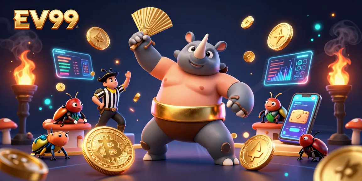 EV99 game features a cartoon rhinoceros beetle sumo champion surrounded by flying coins and crypto elements.