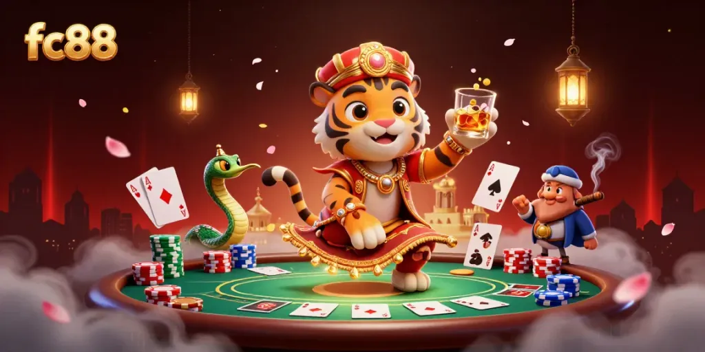 Experience thrilling gambling at fc88 with vibrant 3D characters and casino elements in an elaborate scene.