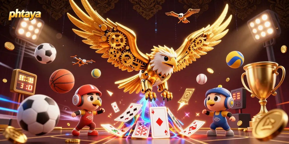 Phtaya showcases a dynamic 3D scene of a golden eagle with holographic cards, representing thrilling online betting.