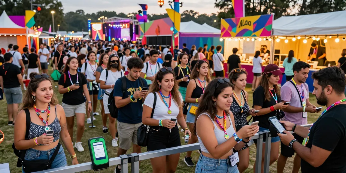 Festival attendees using pulseras NFC para eventos for seamless access control at a vibrant outdoor event.