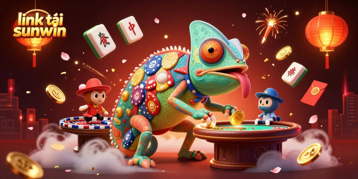 Win big with link tải sunwin in this vibrant 3D casino scene showcasing chameleon and festive elements.