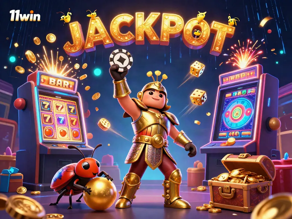 Experience the thrill of winning with 11win's vibrant casino scene featuring jubilant characters and gaming elements.