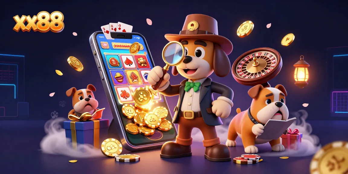 Play games with xx88, featuring a detective and a bulldog discovering golden poker chips amidst vibrant casino elements.